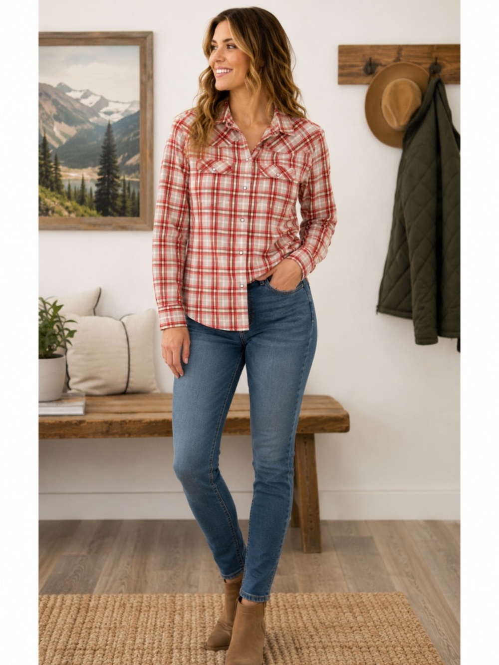 Stio Women's Large Red Plaid Snap Button Western Hiking Outdoor Shirt